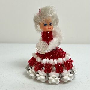 VTG Doll Safety Pin Beaded Red White Dress Hat Girl Lady MCM